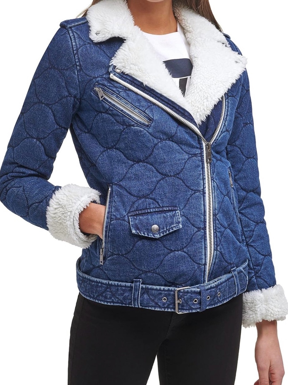 Levi's Blue Quilted Jacket with White Sherpa Trim Medium NWT